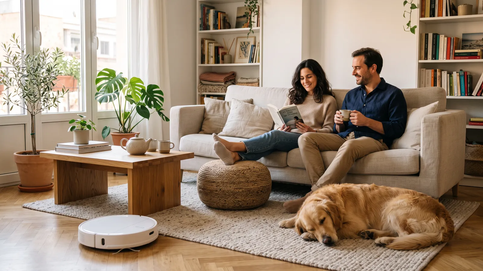 Salón luminoso con un robot aspirador limpiando mientras la familia descansa